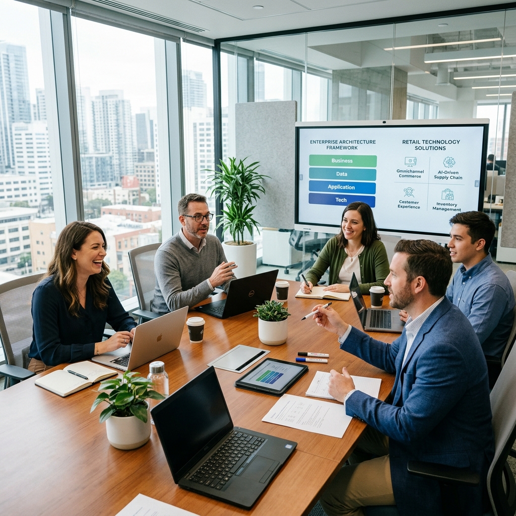 Consulting team discussing retail technology architecture strategy