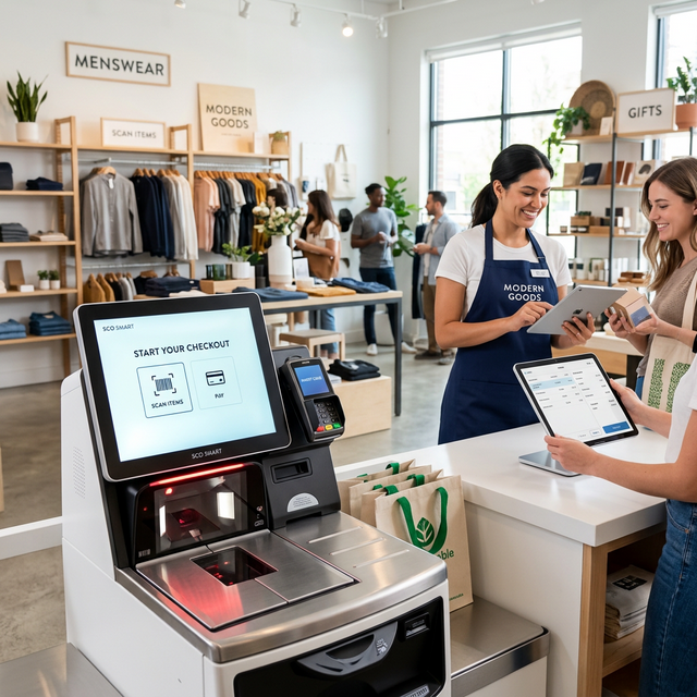 A modern retail store featuring self-checkout, mobile POS, and traditional POS lanes