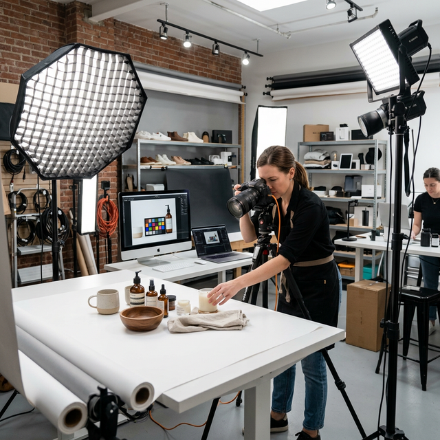 A professional photography studio taking high-quality pictures of retail products