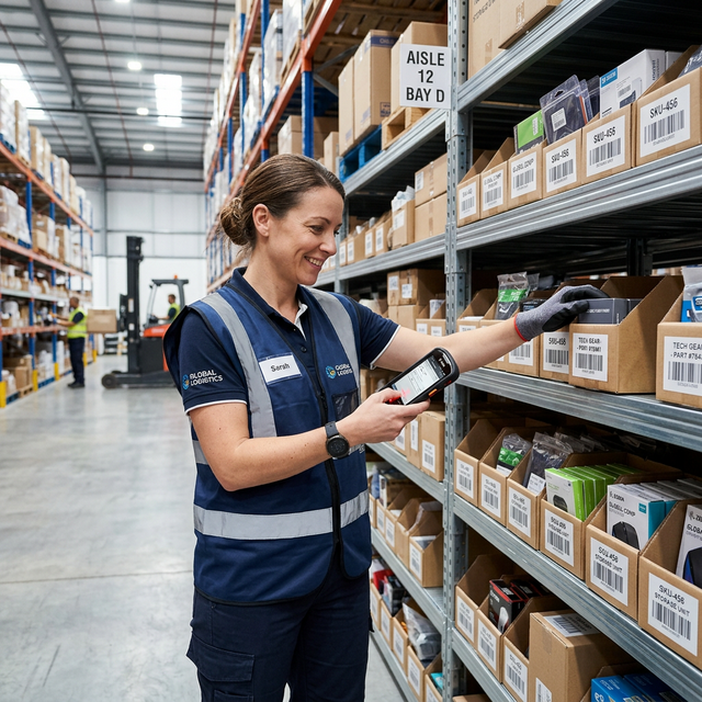 Warehouse worker using a rugged mobile device to pick an order from a shelf